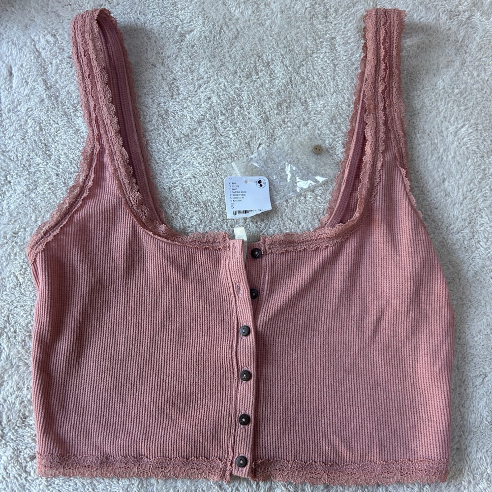 Free People Rose Pink Ribbed Lace Trim Button-Front Tank